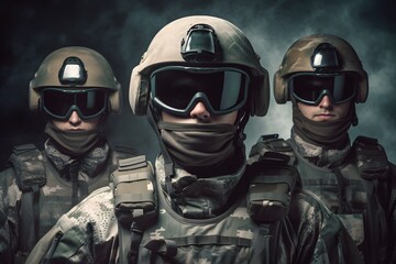 Soldiers wearing military uniform camouflage and wear glasses. mouth mask. helmet. generative ai