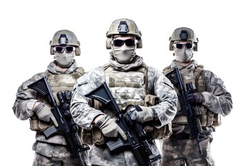 soldiers wearing military uniform camouflage and wear glasses. mouth mask. helmet. isolated on white background. generative ai