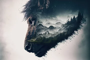 Foto op Canvas American male bison grazing on grassland with double exposure background of natural scenery in yellowstone. Large mammal body with fur and horn. Superb Generative AI. © Summit Art Creations