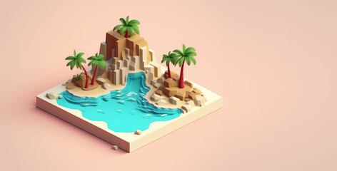 Tropical island with sea and beach in isometric cartoon style. Banner template on a pastel pink background with copy space. Generative AI 3d render icon imitation.