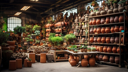 pottery workshop, racks with pots for plants, shop for the sale of garden pots, created with Generative AI Technology.