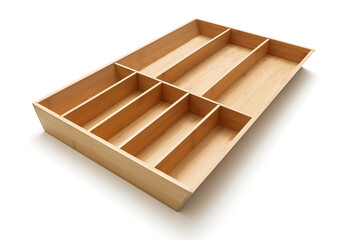 Empty wooden drawer cutlery tray isolated on white