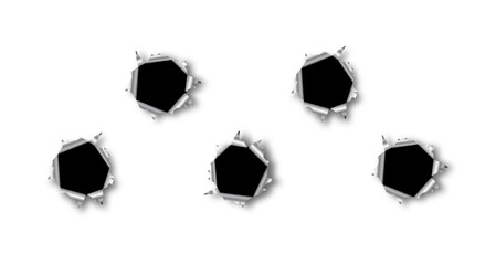 Set of five bullet holes. Isolated on white transparent background. Vector eps 10. - obrazy, fototapety, plakaty