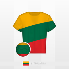 Football uniform of national team of Lithuania with football ball with flag of Lithuania. Soccer jersey and soccerball with flag.