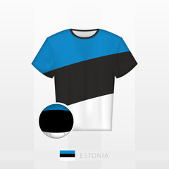 Football uniform of national team of Estonia with football ball with flag of Estonia. Soccer jersey and soccerball with flag.