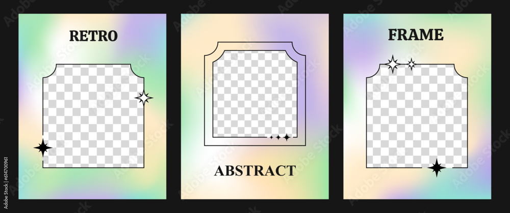 Poster set of three gradient vector backgrounds with line frames, y2k style covers with copy space, modern 