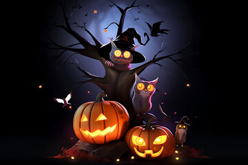 Halloween background with tree, bats, pumpkins and owl.   Generative ai