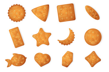 Cracker chips set. Cartoon sweet crispy snack crackers, traditional bakery sweet biscuit flat style snack food. Vector isolated collection