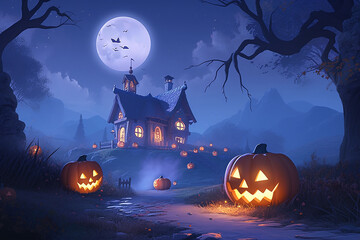 Halloween background with haunted house, pumpkins and full moon. Banner. Copy space.