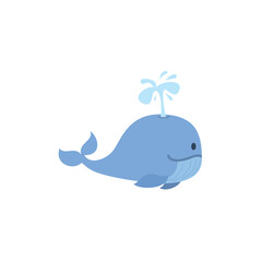 Cute whale splashing water, cartoon flat vector illustration isolated on white background.