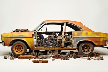 Disassembled car on white background Generative AI