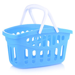 A toy shopping basket isolated on a white background. Plastic grocery basket, close-up. The concept of shopping. Layout for a supermarket