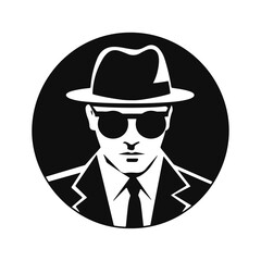 Silhouette of a mysterious man in a hat with a mustache in glasses. Retro style vector illustration of noir gentleman in coat. Mafia icon symbol logo isolated on white background