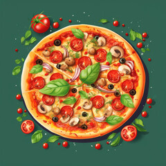 Pizza with pizza slice and food pieces floating in the air on yellow background