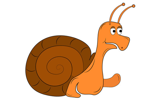 Brown snail with shell. Picture. Garden snail - Gastropoda, ordinary cartoon fairy-tale insect. Object white isolated.