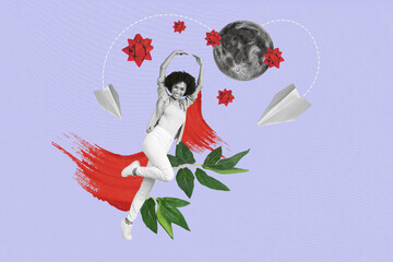 Collage illustration of young careless lady jumping love to the moon and back flying paper airplane flowers isolated on purple background