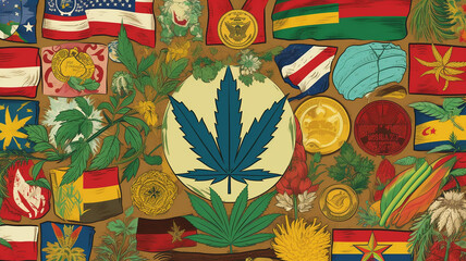 Cannabis leaf in the center of country flags | Generative AI