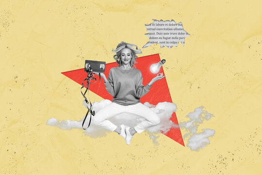 Collage of black white colors girl flying clouds sky meditate arm hold video cassette light bulb book text mind bubble isolated on beige background - Powered by Adobe