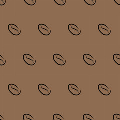 Coffee beans, seamless pattern, vector. Coffee cups black contour on a brown background.