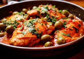 Pollo alla Cacciatora dish showcasing the tender chicken, olives, and capers