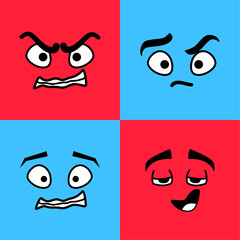 Set of faces in comic style on a colored background. Eyes, lips, mouth, nose, eyebrow.Vector stock illustration. isolated. Characters with different facial expressions. Angry, scared, in love, puzzled