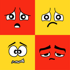 Set of faces in comic style on a colored background. Eyes, lips, mouth, nose, eyebrows.Vector stock illustration. isolated. Characters with different facial expressions. Upset, frightened, upset