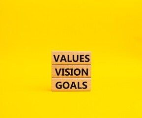 Values Vision Goals symbol. Concept words Values Vision Goals on wooden blocks. Beautiful yellow background. Business and Values Vision Goals concept. Copy space.