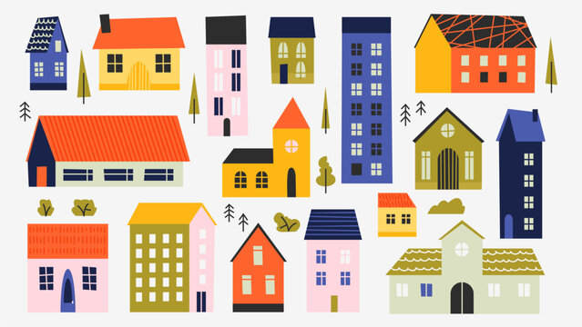Cute town buildings. Cartoon village houses exterior, variable old doodle wooden house in flat style, real estate architecture. Vector isolated set