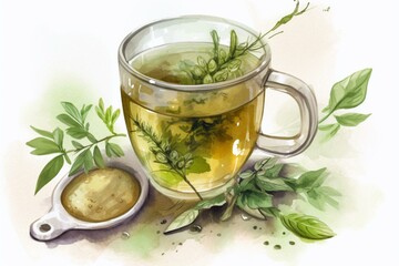 Watercolor illustration of fresh herbal tea. Generative AI - obrazy, fototapety, plakaty