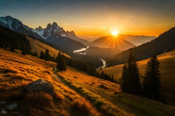 sunset in the mountains , autumn forest in the morning