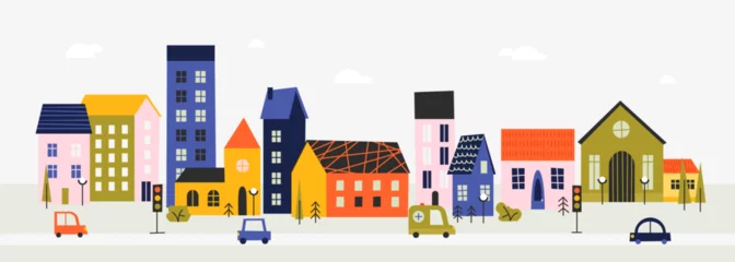 Poster Horizontal town landscape. Urban panorama with building in downtown area, cartoon village street with architecture. Vector illustration © Tartila