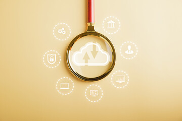 Magnifier glass reveals cloud computing, uploading and downloading data. Network application and digital solution. Cloud data storage, security, and backup. Technology evolution.