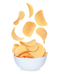 Levitating potato chips, falling to white bowl