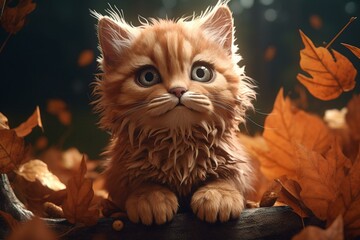 Naklejka na ściany i meble Humorous autumnal kitten illustration. Generative AI
