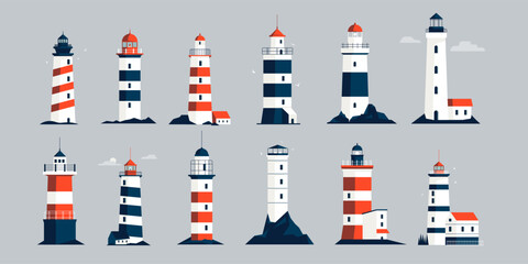 Lighthouses collection. Cartoon nautical navigation light tower, lighthouse beacon and light house symbol, marine seaside architecture flat style. Vector set