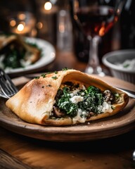 vegetarian calzone filled with spinach, ricotta, and mushrooms, placed on a rustic table setting