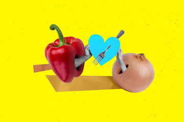 Bright picture collage artwork of two ecological ingredients tasty red pepper onion hold heart...