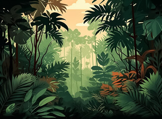 illustration of green forest, where the foliage thrives with a rich tapestry of leaves and various plant elements, creating a captivating display of natural splendor. generative AI.
