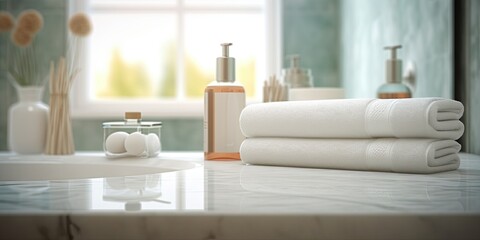 Closeup of Empty Tabletop Product on Table Bathroom Interior with Blurred Background