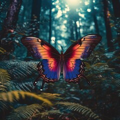 Fototapeta na wymiar Magical glowing night butterflies in the forest. AI Generation