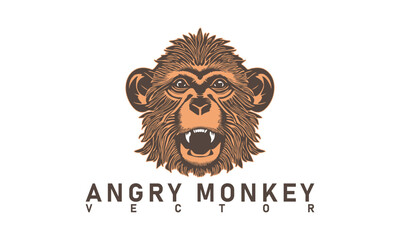 Vector brown head of an angry monkey with an open toothy mouth. Logo, sticker or emblem. White isolated background.