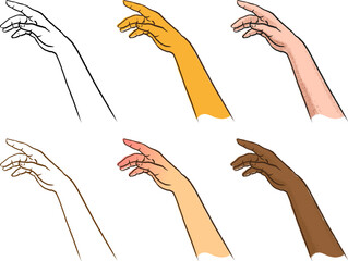 Line art illustration of hand drawn female hands set. Defferent skin tones. Isolated on white background