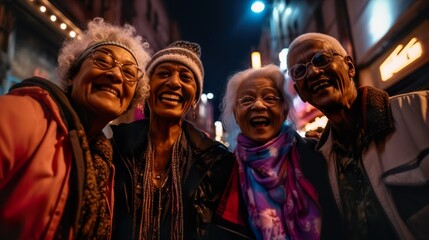 Generative ai , group of friends enjoying a city tour at night sightseeing