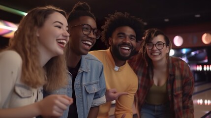Obraz premium Generative ai, multicultural group of friends dancing in a concert with a band