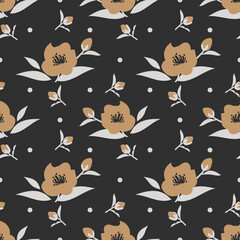 Seamless pattern of cute brown flower branches with gray leaves and tiny dots on black background.