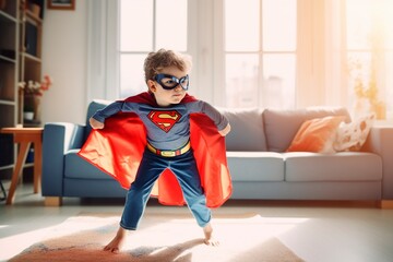 With boundless energy and a heart full of imagination, a boy dressed as a superhero leaps onto the sofa, bringing his heroic dreams to life. - obrazy, fototapety, plakaty