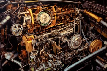 Old antique car engine closeup Generative AI