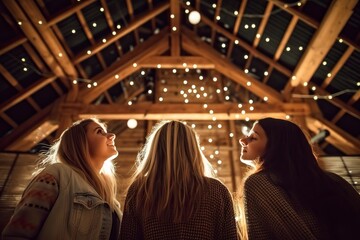 Three girls look at the bright decoration on the roof of the barn, ready for a party.