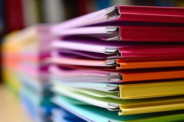 Stack of colored filing cabinets in an office, detail, copy space. - obrazy, fototapety, plakaty
