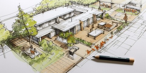 Sketch of the planning of a sustainable residential area. Ai generated.